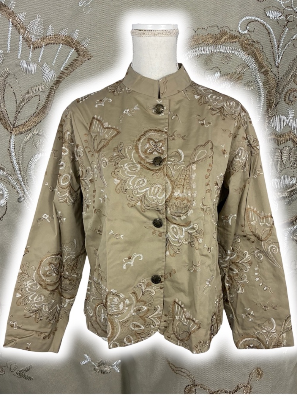 Chicos Embroidered Jacket L Khaki Tan Floral Paisley Cottagecore Button-up
